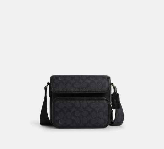 Чоловіча сумка кросбоді з клапаном COACH Sullivan Flap Crossbody Bag In Signature Canvas, Gunmetal / Charcoal / Black