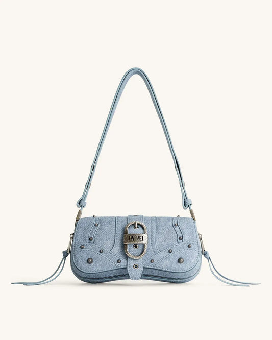 Жіноча сумка на плече JW PEI Joy Denim Embossed Curved Shoulder Bag, синя